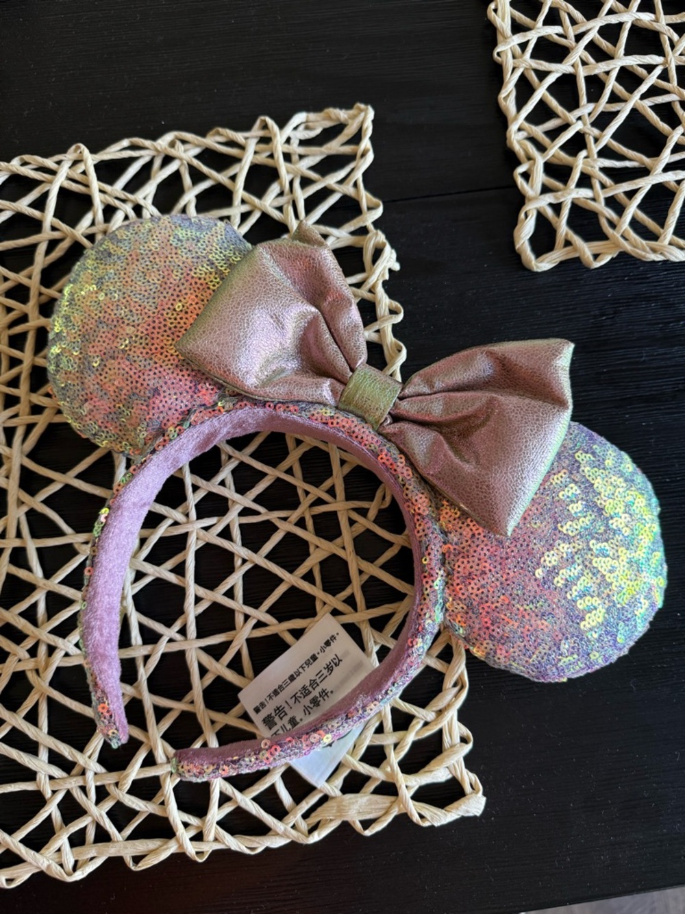 Iridescent Sequin Minnie Ears Headband with Pink Bow